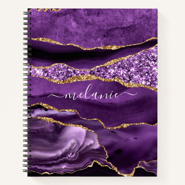 Cuaderno Agate Purple Gold Purpurina Notebook y Custom Name (Anverso)