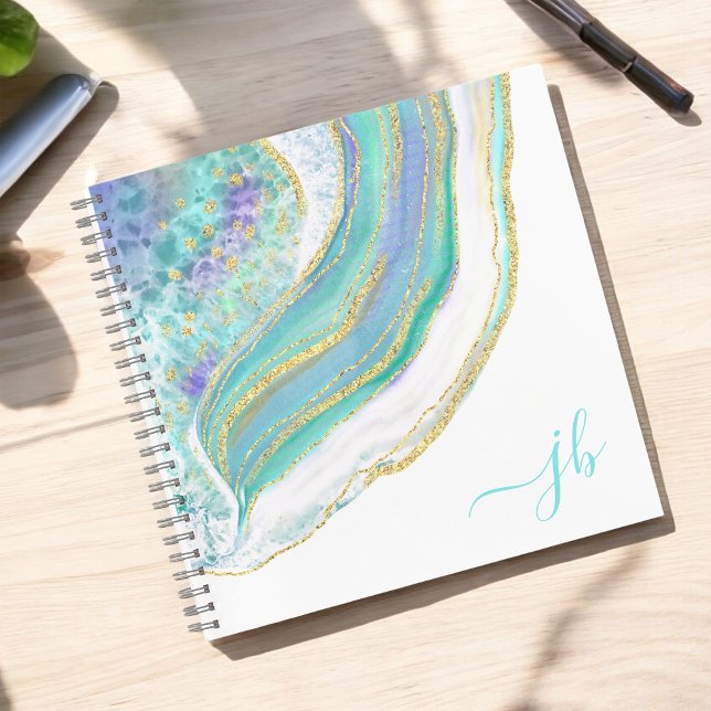 Cuaderno Ago moderno Aqua Purple Gold con monograma (Personalize with your monogram initials for a stylish custom notebook.)