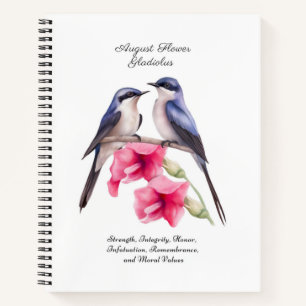 Cuaderno Agosto Mes de Nacimiento Flor Gladiolus con Pájaro