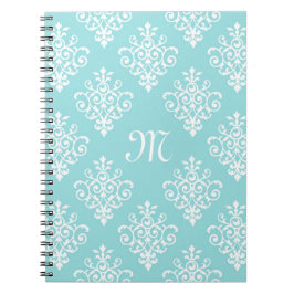 Cuaderno Agradable Damasco Azul y Blanco Aqua con Monograma