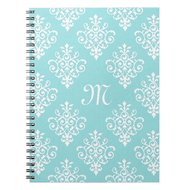 Cuaderno Agradable Damasco Azul y Blanco Aqua con Monograma (Frente)