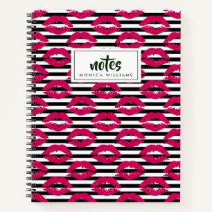 Cuaderno Agrega tu nombre   Beso de lápiz labial B&W patrón