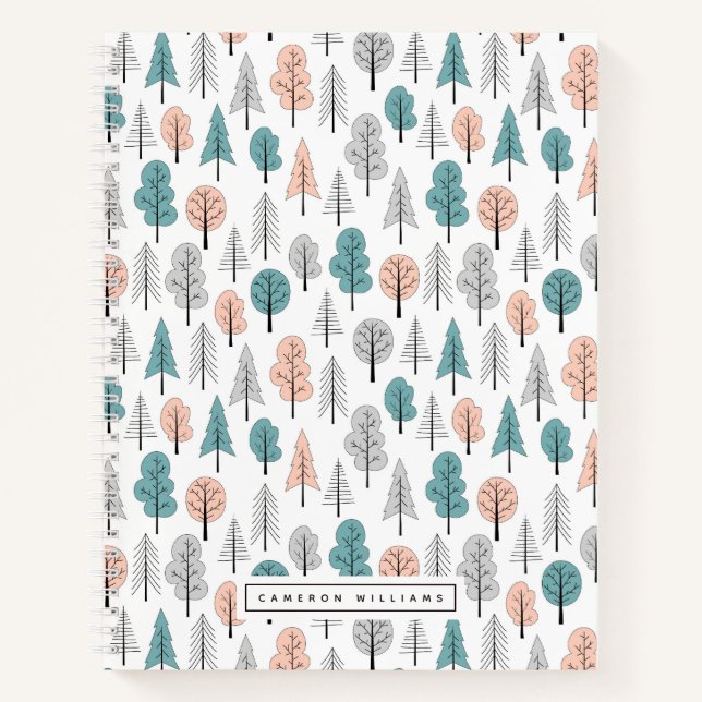 Cuaderno Agrega tu nombre | Patrón de bosque de dibujos ani (Anverso)