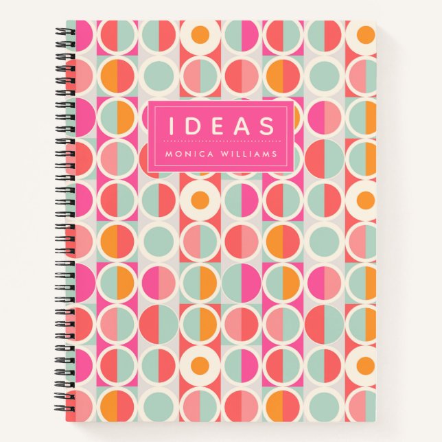 Cuaderno Agrega tu nombre | Patrón de círculo retro rosado  (Anverso)