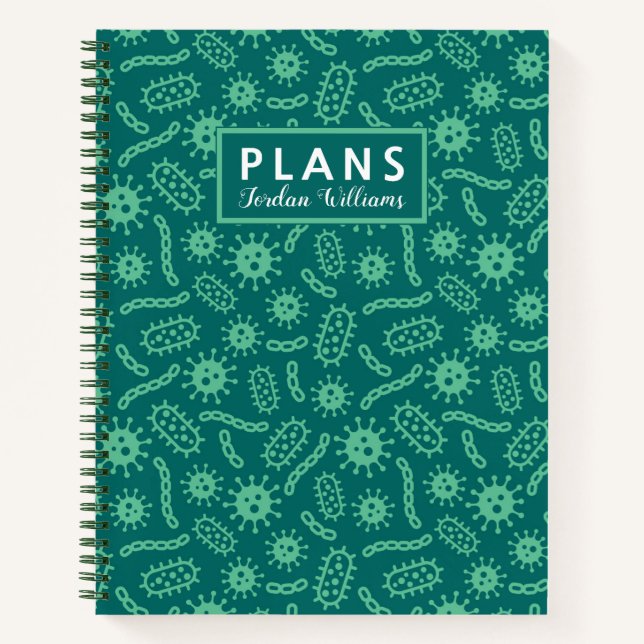 Cuaderno Agrega tu nombre | Patrón de microbios verdes (Anverso)