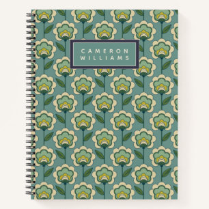 Cuaderno Agrega tu nombre   Patrón floral Verde azulado y 