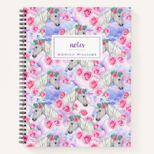 Cuaderno Agrega tu nombre   Patrón Unicornios y Rosas