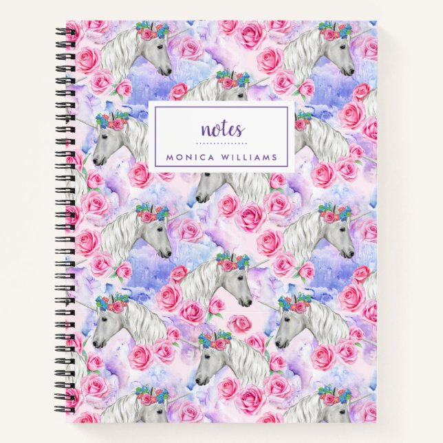 Cuaderno Agrega tu nombre | Patrón Unicornios y Rosas (Anverso)