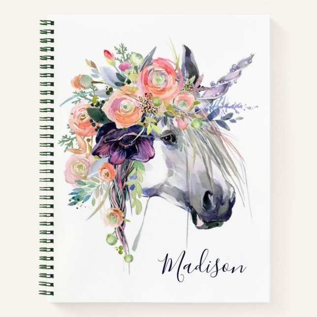 Cuaderno Agrega tu nombre | Unicornio Vestido con Flores (Anverso)
