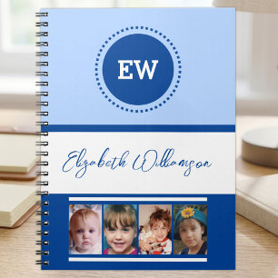 Cuaderno Agregar iniciales nombre 4 fotos blanco azul