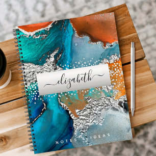 Cuaderno Aguamarina acuarela plata naranja turquesa letra