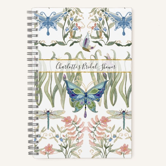 Cuaderno Aguarela floral azul y rosa mariposa nupcial (Anverso)