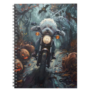 Cuaderno Alarma de Halloween en moto de Bichon Frise Riendo