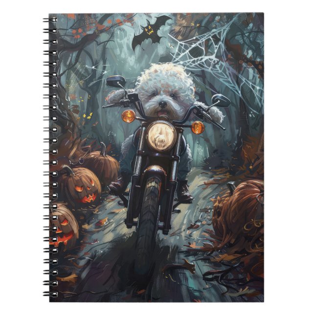 Cuaderno Alarma de Halloween en moto de Bichon Frise Riendo (Frente)