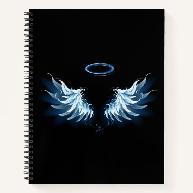 Cuaderno Alas del Ángel Azul brillante sobre fondo negro (Anverso)