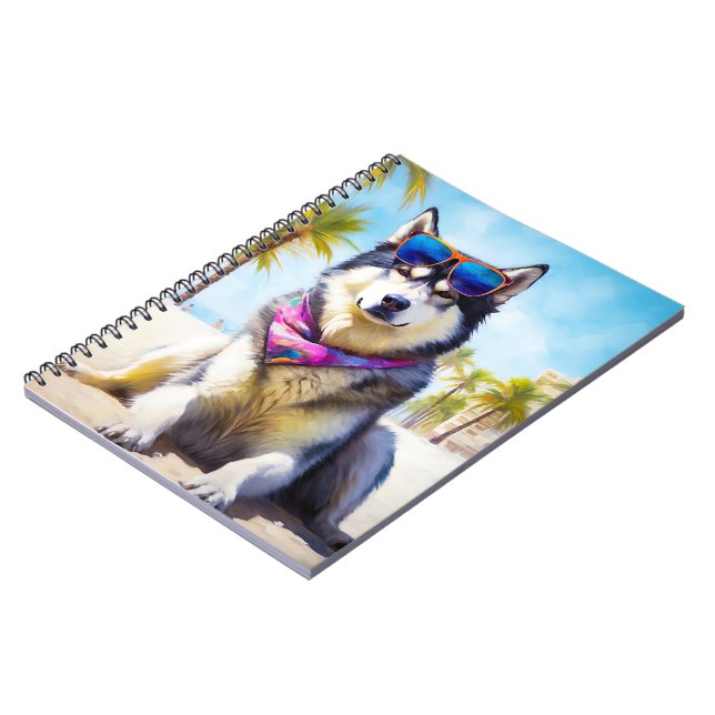 Cuaderno Alaska Malamute en la playa, regalo de verano (Lado Izquierdo)