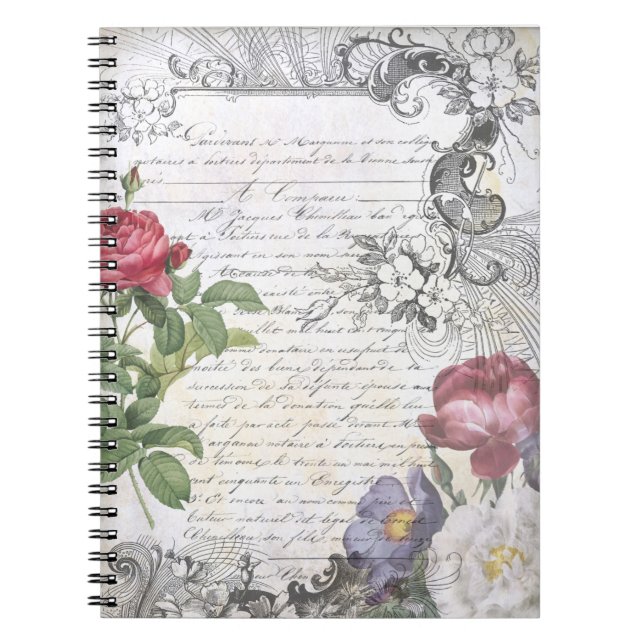 Cuaderno Alfabetización francesa floral grabada (Frente)