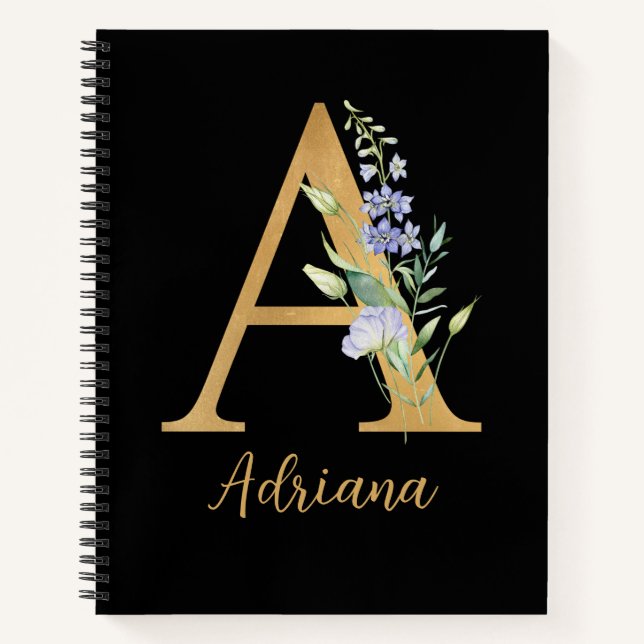 Cuaderno Alfabeto Dorado A Con Flor Personalizada (Anverso)