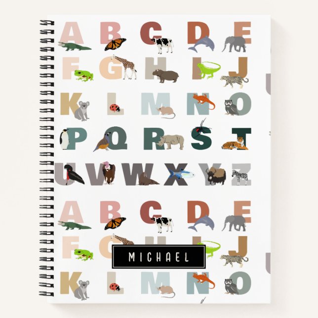 Cuaderno Alfabeto lindo ABC Animales Nombre personalizado E (Anverso)
