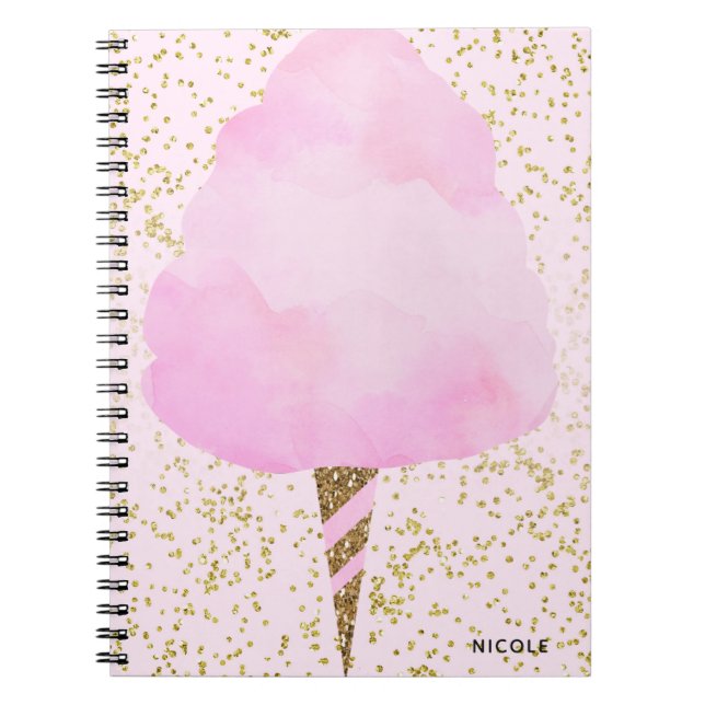 Cuaderno Algodón de azúcar rosa y confeti dorado brillo fem (Frente)