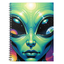 Cuaderno Alien Face con planetas reflexiones en los ojos
