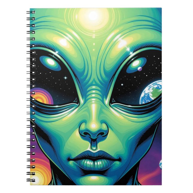 Cuaderno Alien Face con planetas reflexiones en los ojos (Frente)