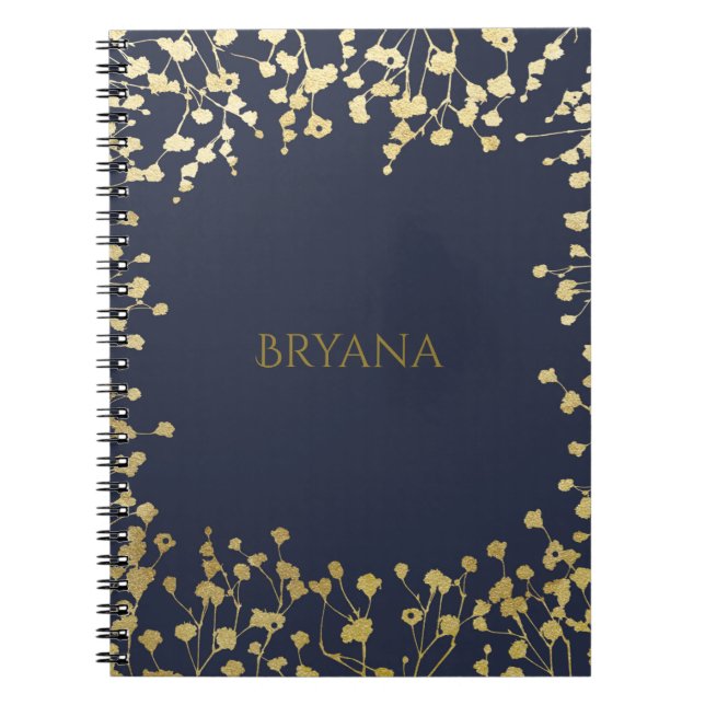 Cuaderno Aliento de Bebé Dorado Floral Elegante Azul (Frente)