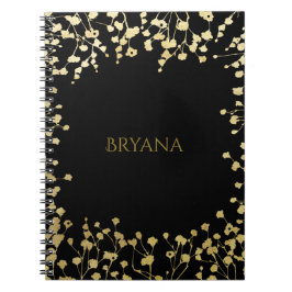 Cuaderno Aliento de Bebé Dorado Floral Elegante Negro