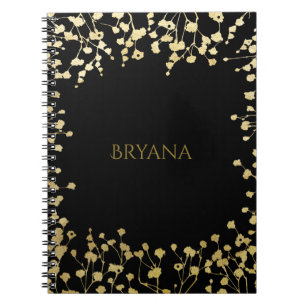 Cuaderno Aliento de Bebé Dorado Floral Elegante Negro