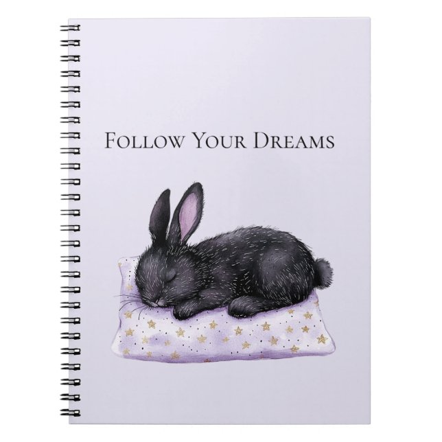 Cuaderno Almohada de estrellas doradas lavanda conejo negro (Frente)
