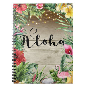Cuaderno Aloha Madera Tropical Flores Hojas y Luces Verano