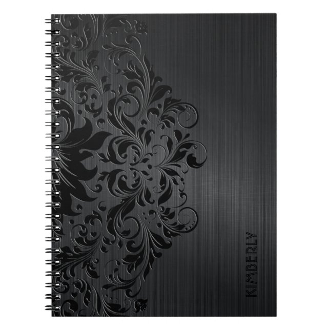 Cuaderno Aluminio con pincel metálico negro y encaje floral (Frente)