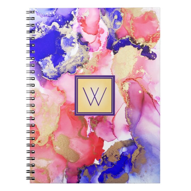 Cuaderno Aluminio de arte fluido Monograma púrpura rojo Res (Frente)