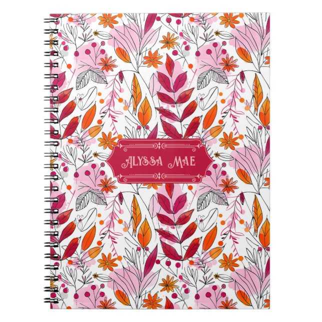 Cuaderno Alyssa Mae dibujó follaje rosa y Naranja (Frente)