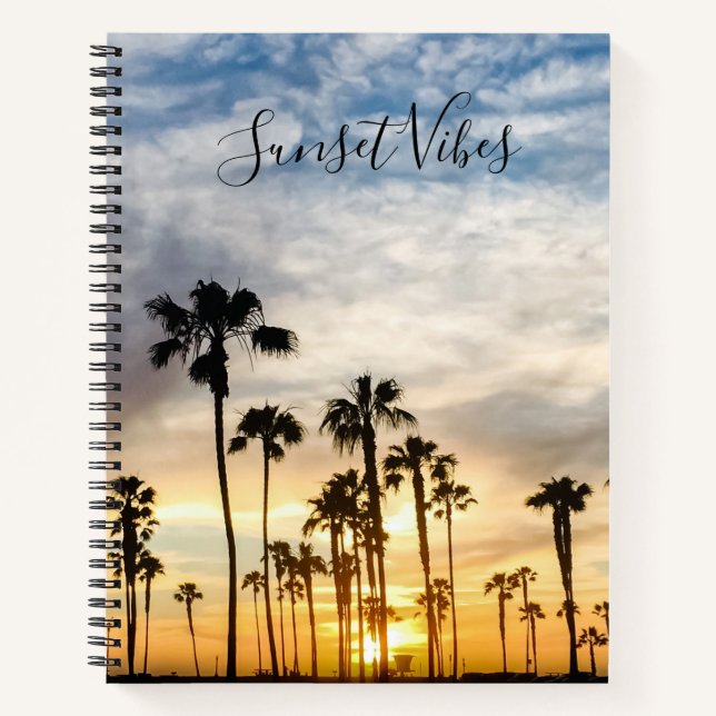 Cuaderno Amanecer de palmeras nubladas azules y amarillas (Anverso)