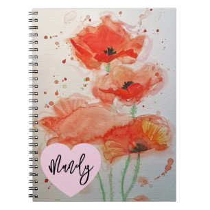 Cuaderno Amapola Roja Poppies Acuarela Floral Nombre de Muj