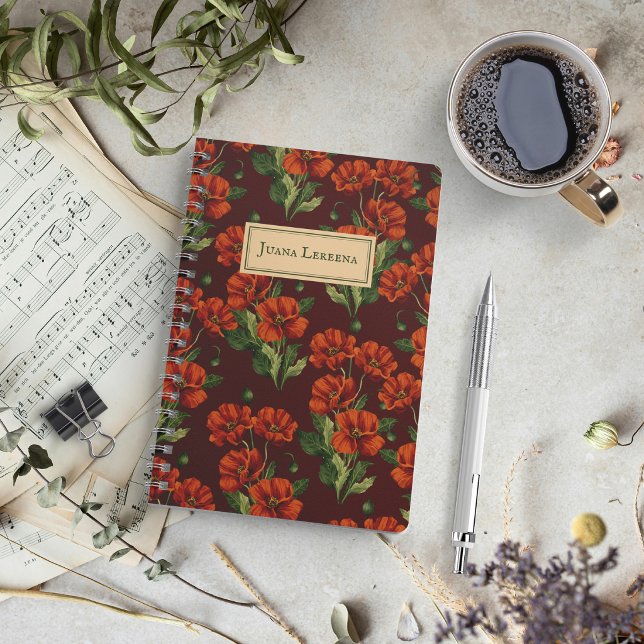 Cuaderno Amapolas Carmesí Botanical Oscuro (Crimson poppies bloom in twilight, your secrets find a haunting home.)
