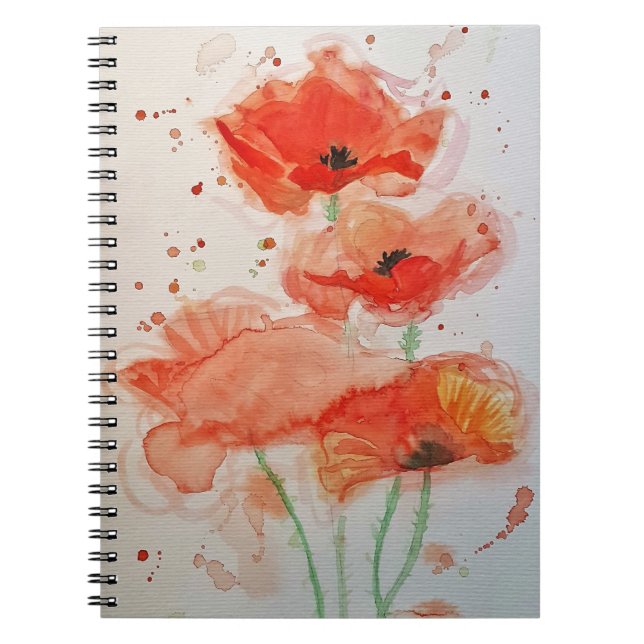 Cuaderno Amapolas Rojas Brillantes Acuarela Floral Flor  (Frente)