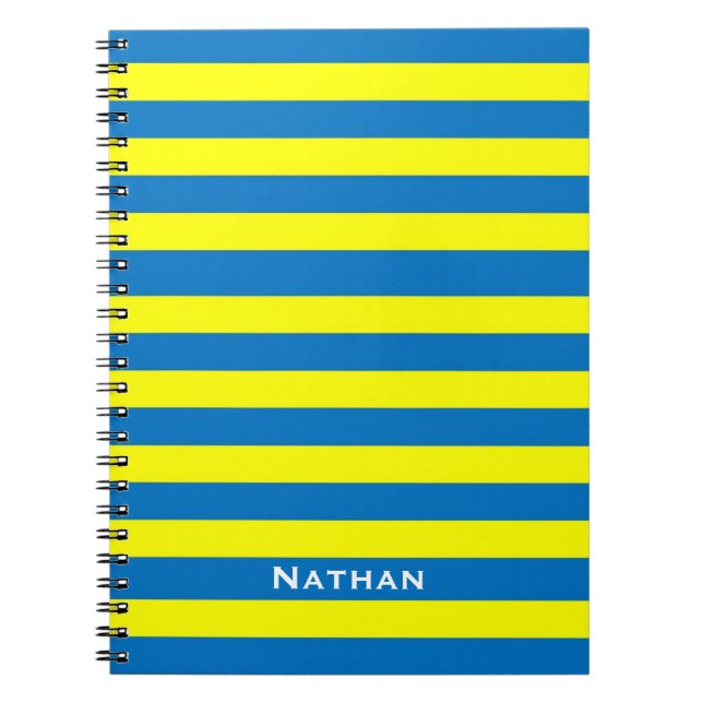 Cuaderno Amarillo brillante y rayas azules personalizadas (Frente)