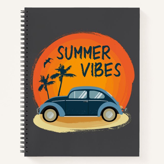 Cuaderno ambiente veraniego con coche retro en la playa (Anverso)