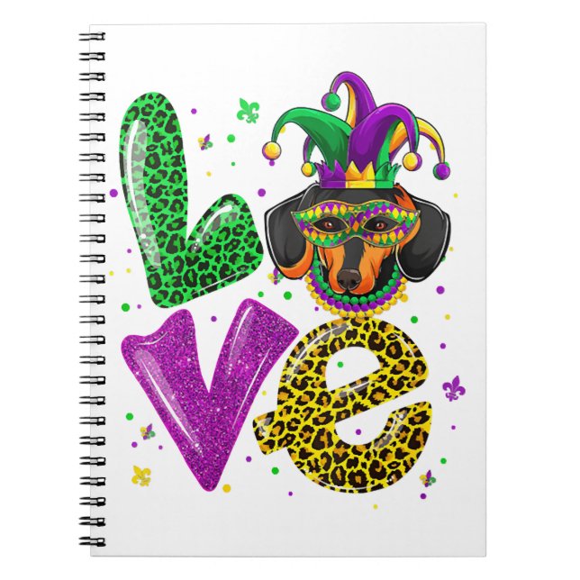 Cuaderno AMOR Dachshund Máscara de Perro Leopardo Mardi Gra (Frente)