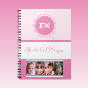 Cuaderno Añadir iniciales nombre 4 fotos color rosa blanco