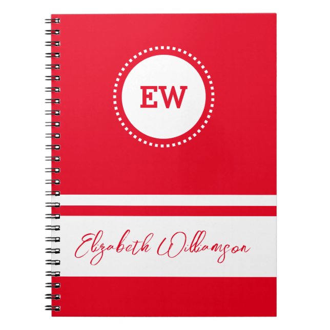 Cuaderno Añadir las iniciales y el nombre blanco y rojo (Frente)