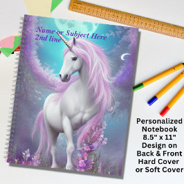 Cuaderno Añadir nombre a unicornio blanco con flores morada