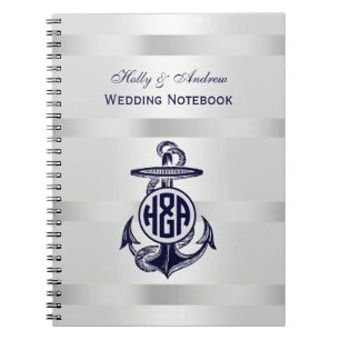 Cuaderno Ancla Azul Plata Blanco Marina Monograma Circular 