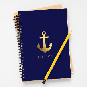 Cuaderno Ancla azul y falsa del Relieve metalizado dorado