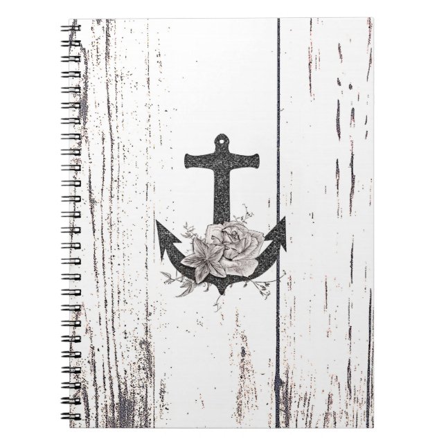 Cuaderno Ancla de Playa Costera de Madera Rústica Floral Vi (Frente)