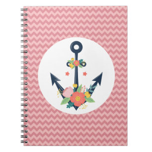 Cuaderno Ancla náutica floral de fe con Chevron de coral y