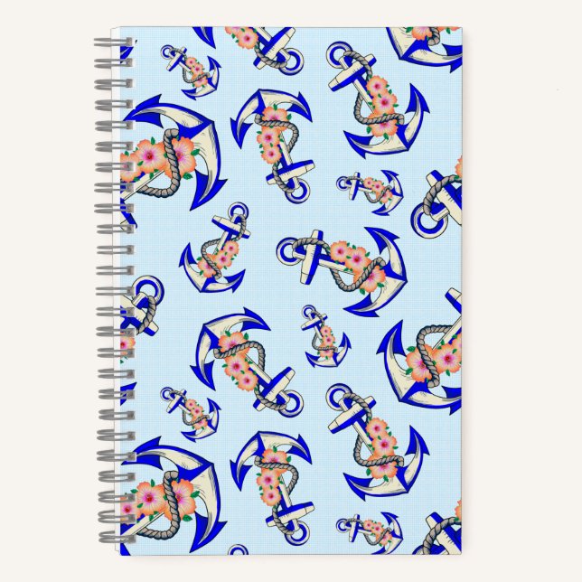 Cuaderno Anclaje azul de la marina Luz floral náutica azul (Anverso)