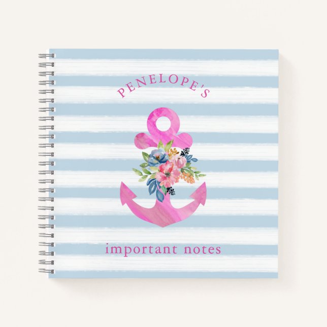Cuaderno Anclaje floral rosa | Bandas azules de moda (Anverso)